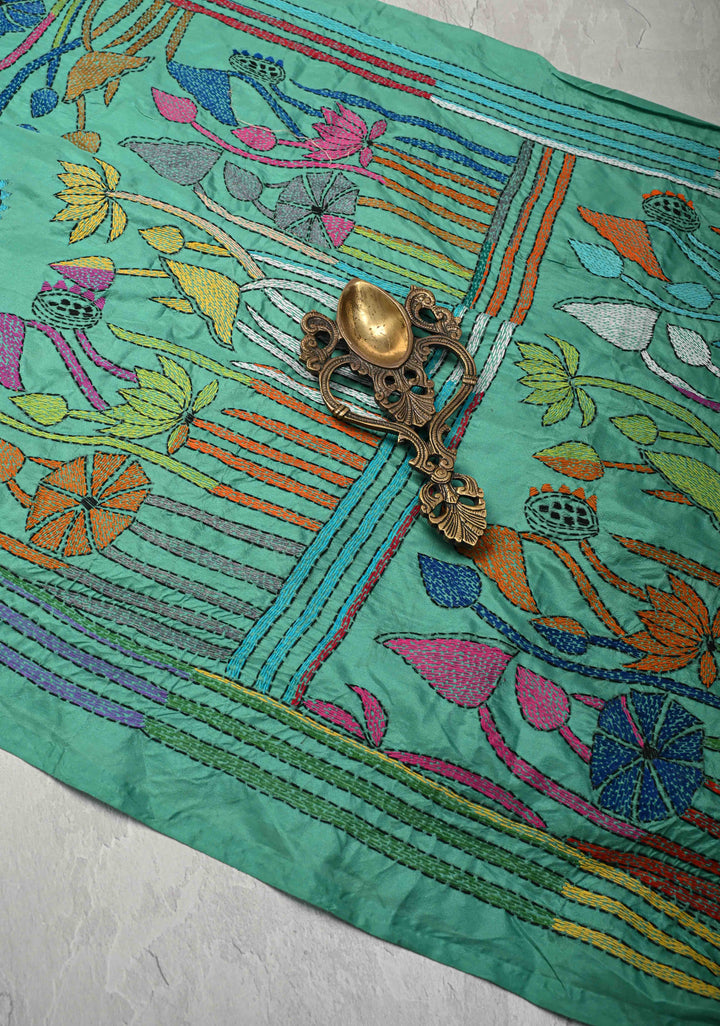 Rama Green Art Silk Saree with Kantha Hand Embroidery