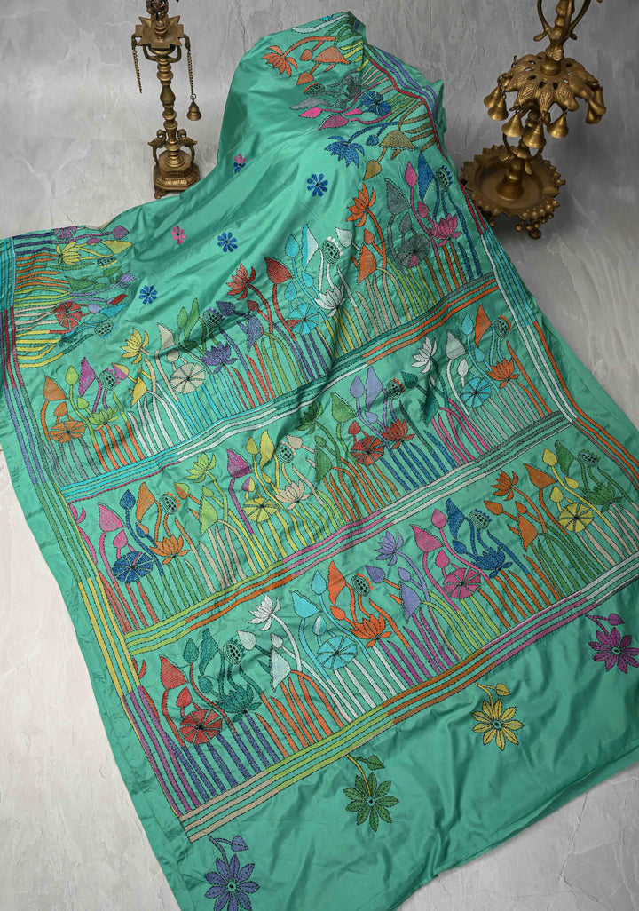 Rama Green Art Silk Saree with Kantha Hand Embroidery