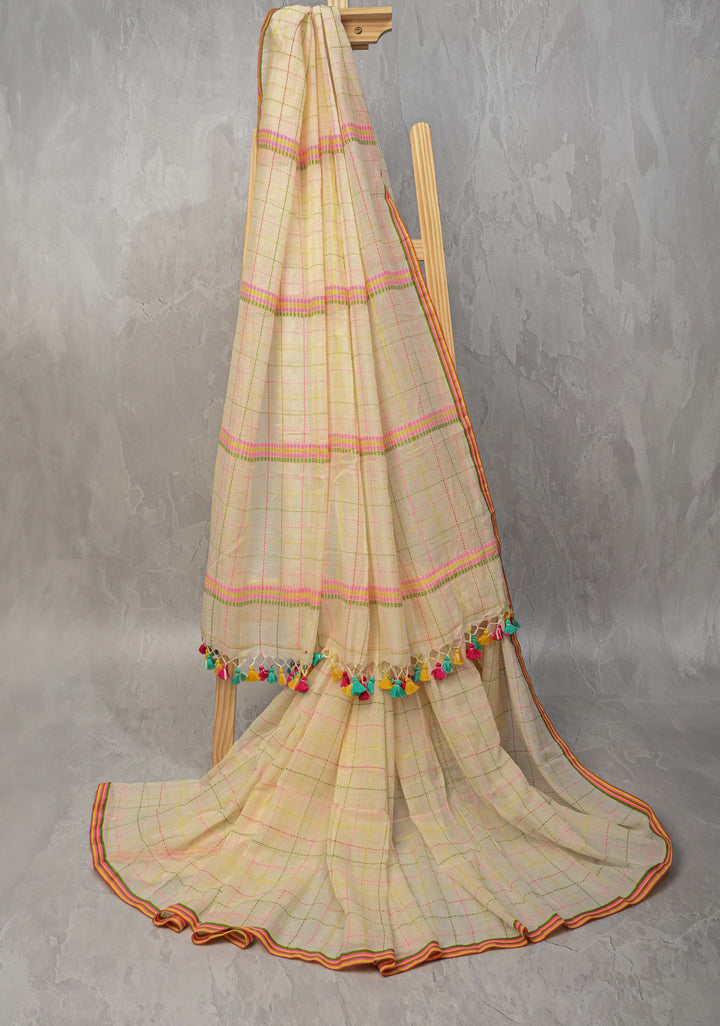Light Cream Bengal Cotton saree with Running Stich and colorful Tassels