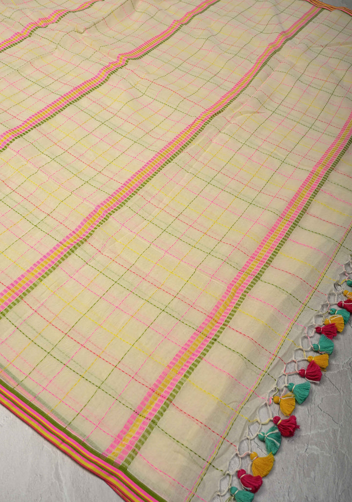 Light Cream Bengal Cotton saree with Running Stich and colorful Tassels