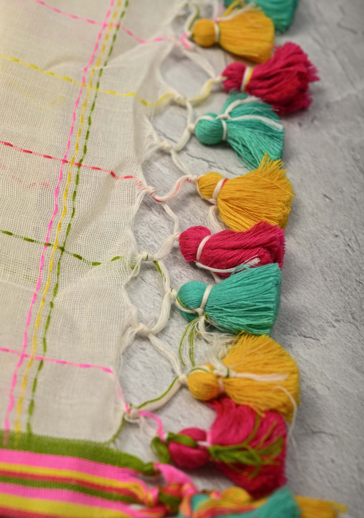 Light Cream Bengal Cotton saree with Running Stich and colorful Tassels