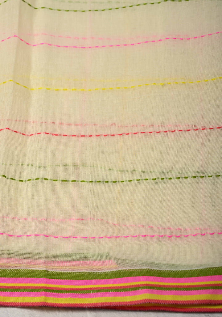 Light Cream Bengal Cotton saree with Running Stich and colorful Tassels