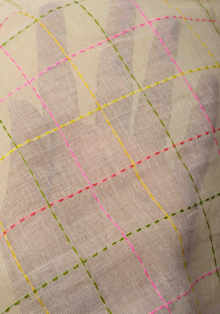 Light Cream Bengal Cotton saree with Running Stich and colorful Tassels