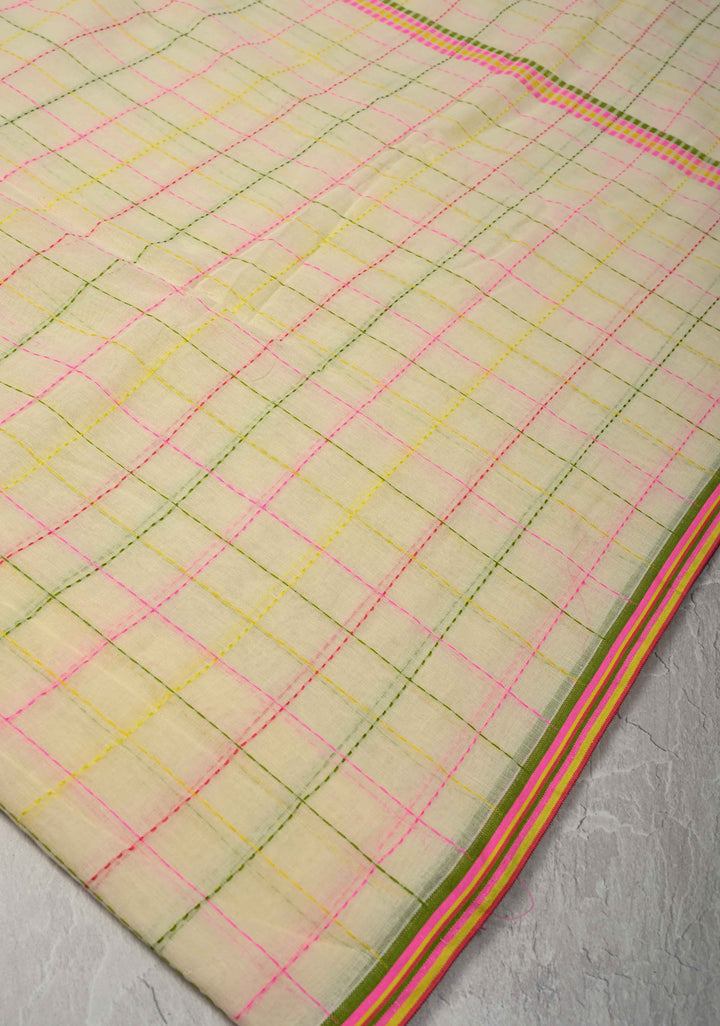 Light Cream Bengal Cotton saree with Running Stich and colorful Tassels