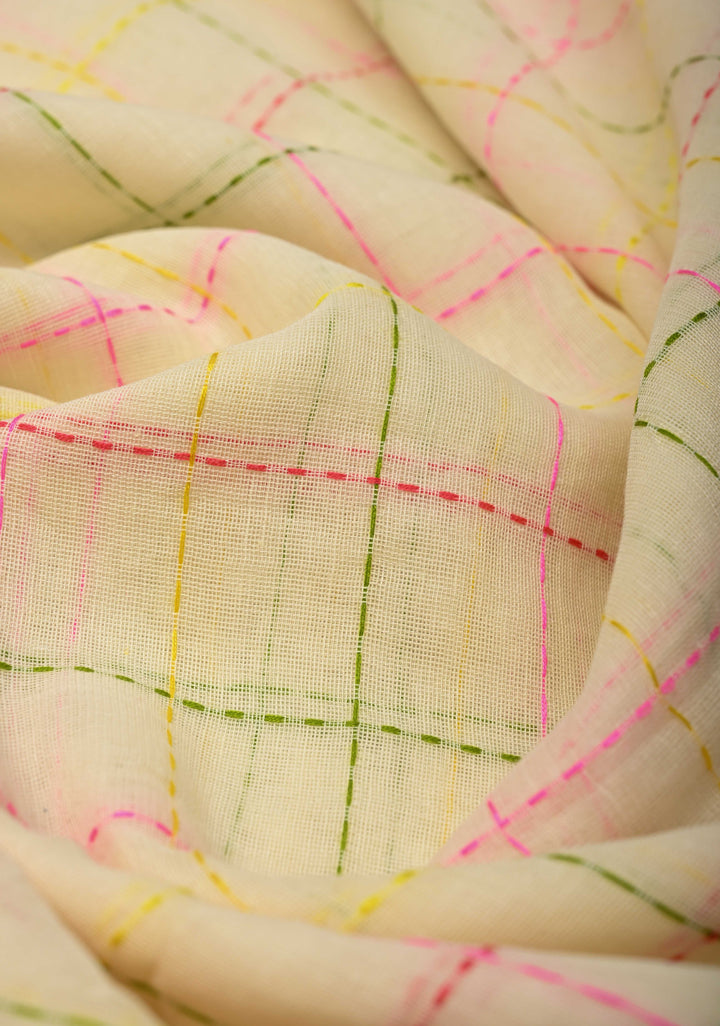 Light Cream Bengal Cotton saree with Running Stich and colorful Tassels