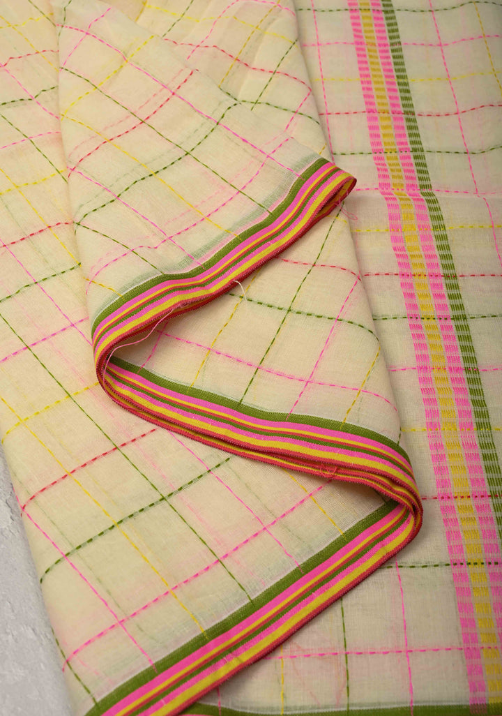 Light Cream Bengal Cotton saree with Running Stich and colorful Tassels