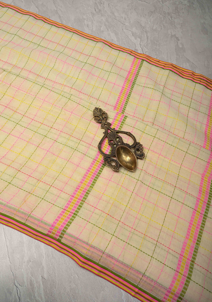 Light Cream Bengal Cotton saree with Running Stich and colorful Tassels