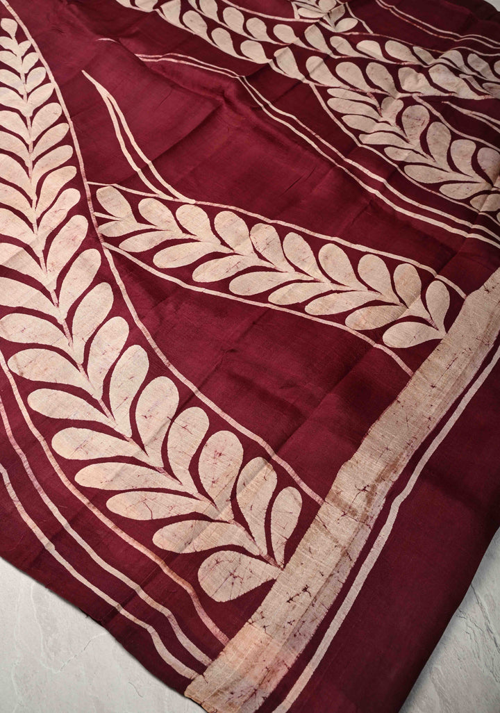 Bishnupuri Silk Saree with Floral Hand Wax Batik Silk Saree in Beige and Maroon | SILK MARK CERTIFIED
