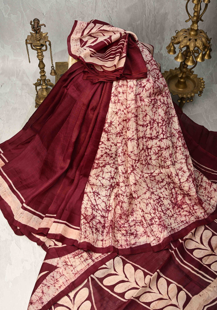 Bishnupuri Silk Saree with Floral Hand Wax Batik Silk Saree in Beige and Maroon | SILK MARK CERTIFIED