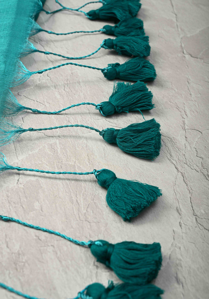 Turquoise Tissue by Tissue Saree with Tikki Work and Long Tassels