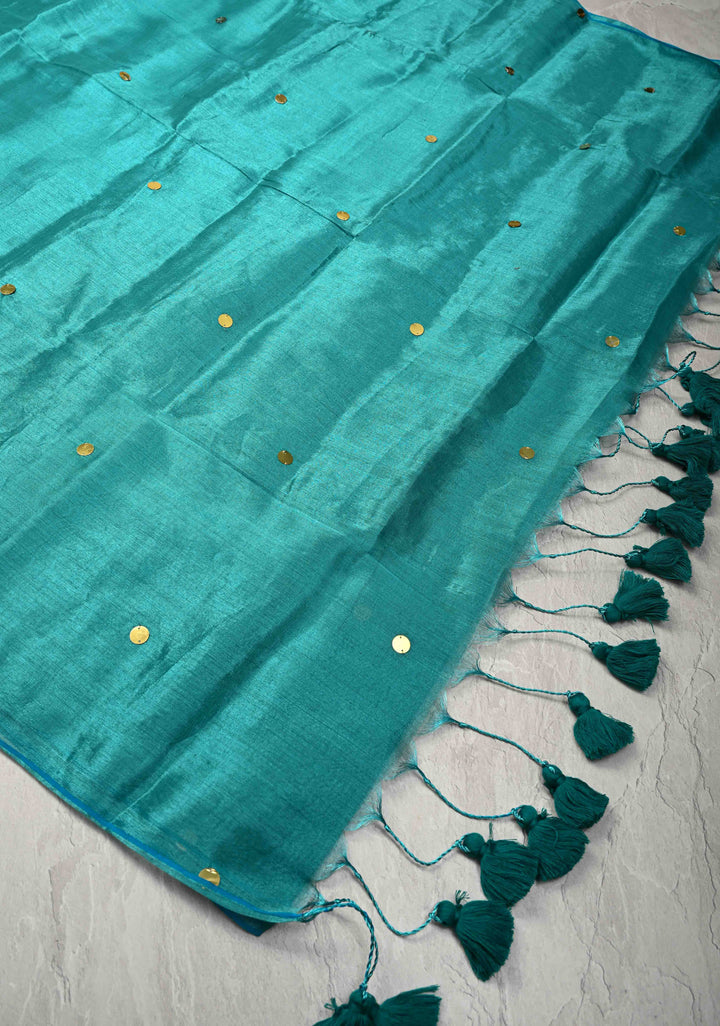 Turquoise Tissue by Tissue Saree with Tikki Work and Long Tassels