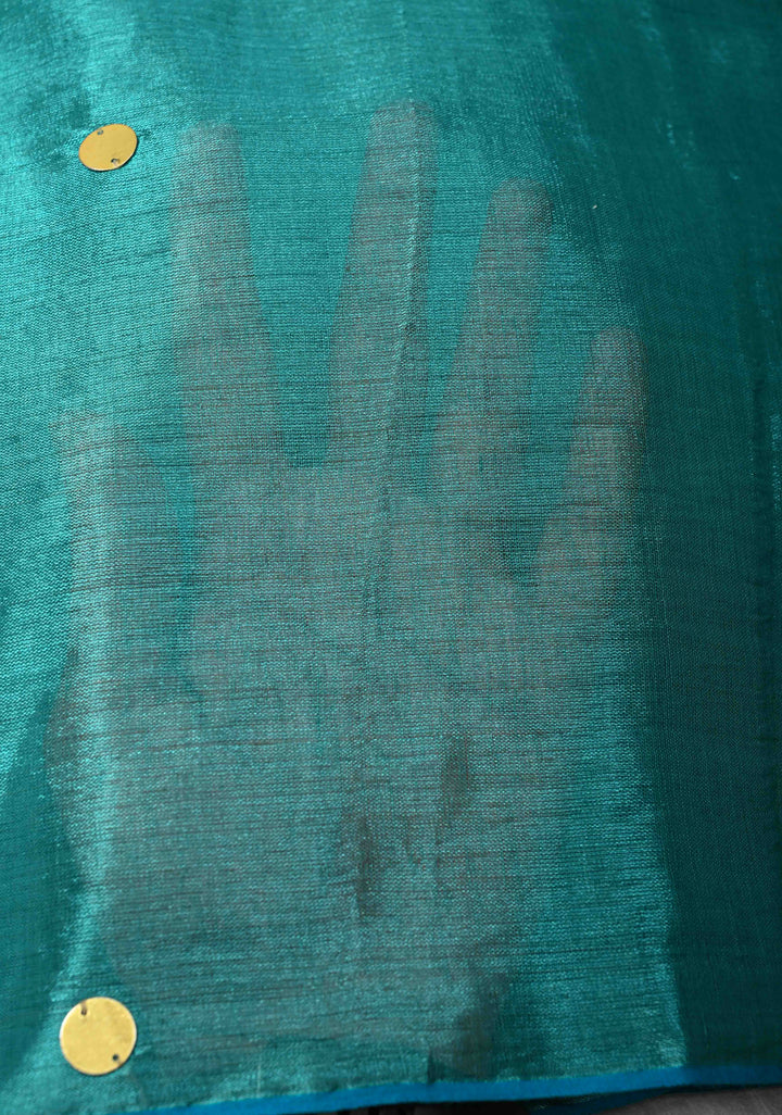 Turquoise Tissue by Tissue Saree with Tikki Work and Long Tassels