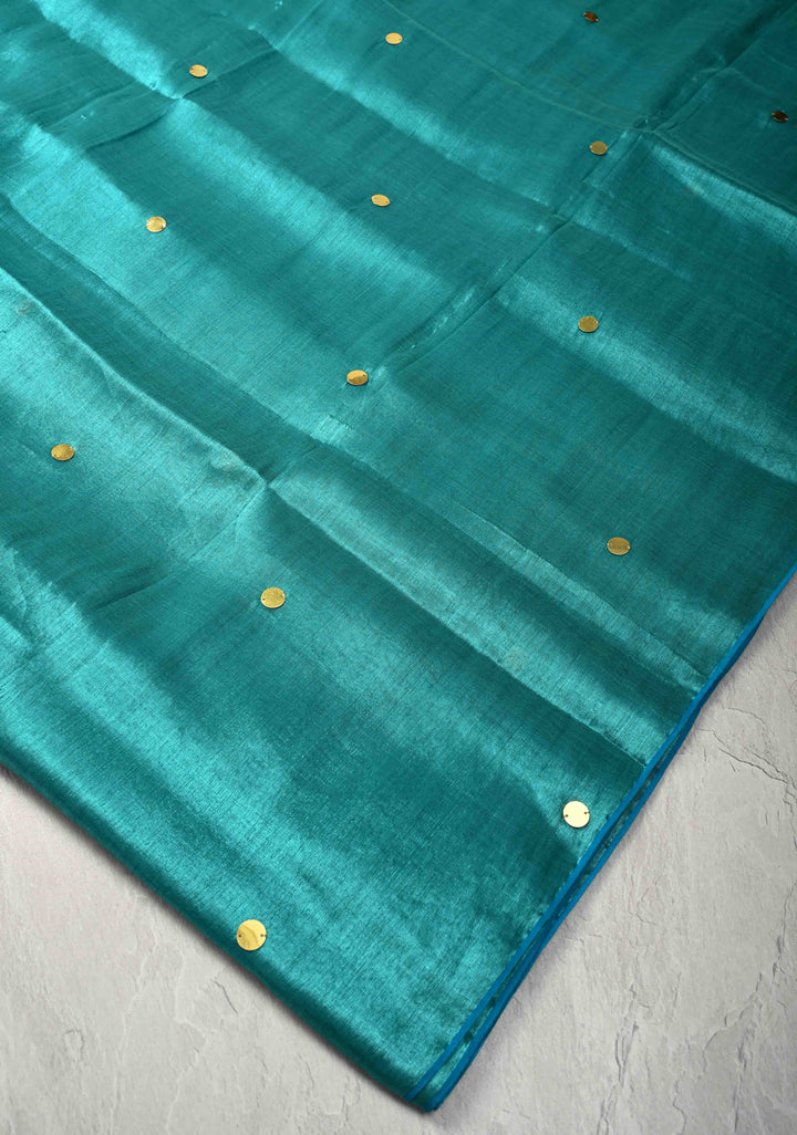 Turquoise Tissue by Tissue Saree with Tikki Work and Long Tassels