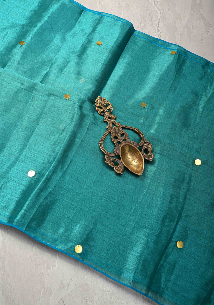 Turquoise Tissue by Tissue Saree with Tikki Work and Long Tassels