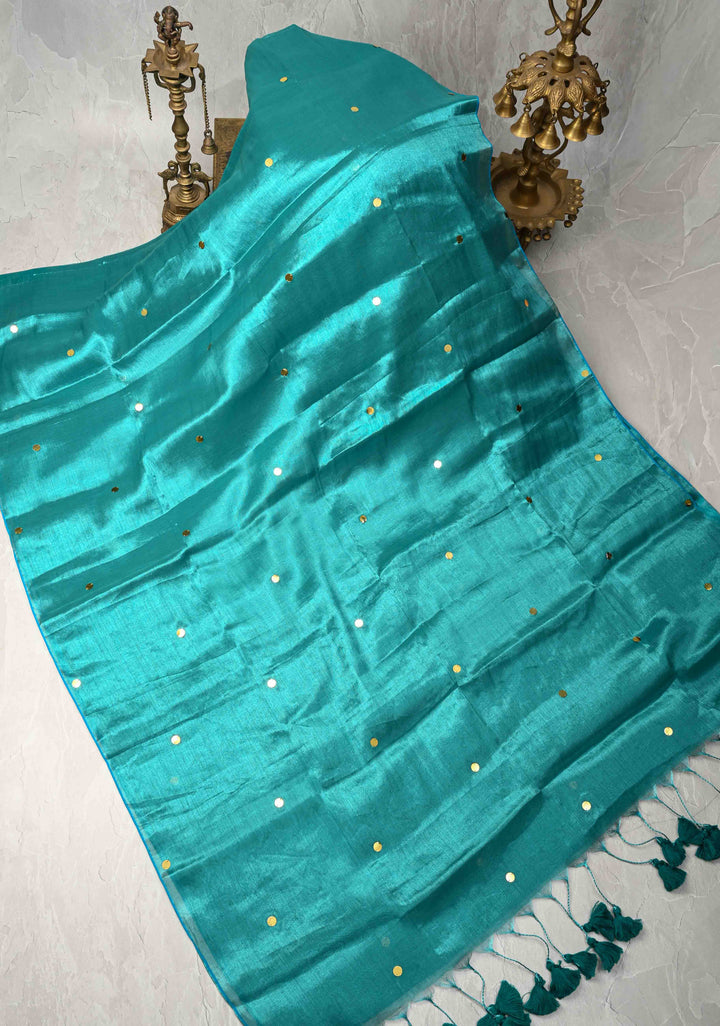 Turquoise Tissue by Tissue Saree with Tikki Work and Long Tassels