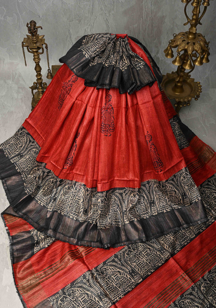 Red Authentic Hand Block Print on Geecha Tussar | SILK MARK CERTIFIED