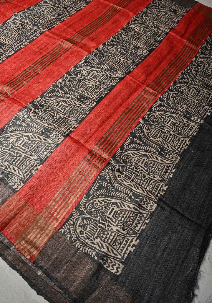 Red Authentic Hand Block Print on Geecha Tussar | SILK MARK CERTIFIED