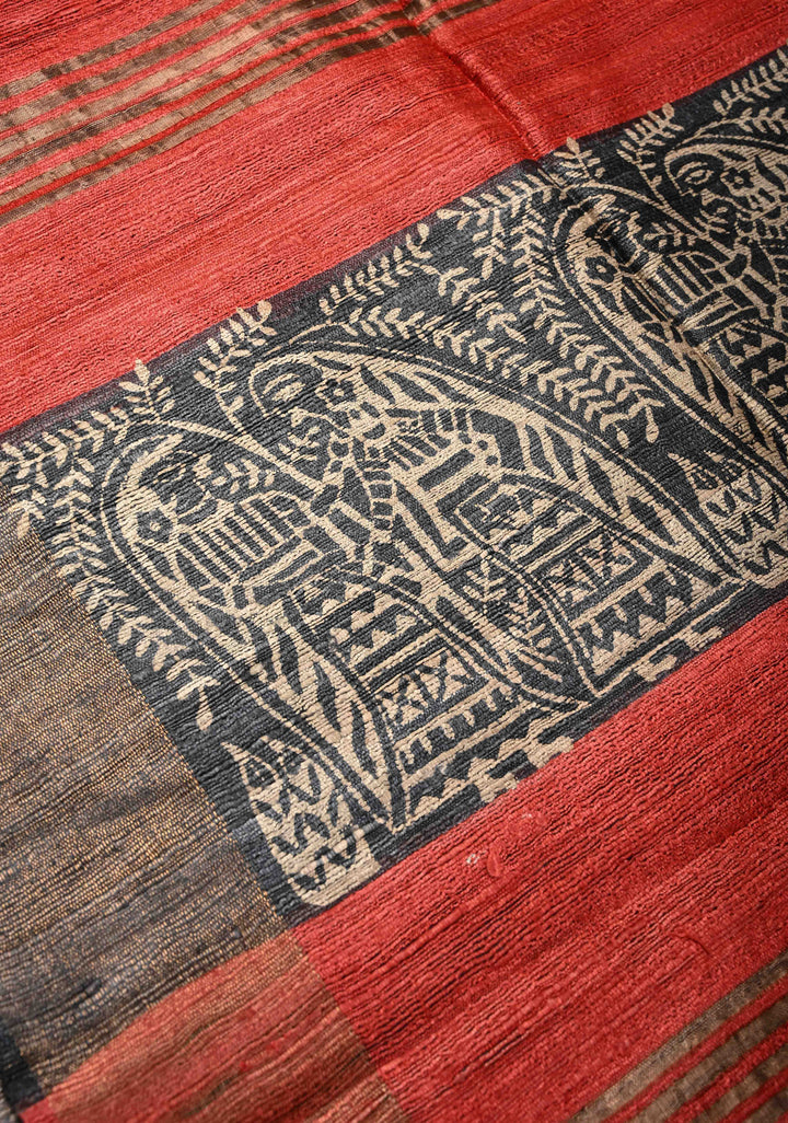 Red Authentic Hand Block Print on Geecha Tussar | SILK MARK CERTIFIED