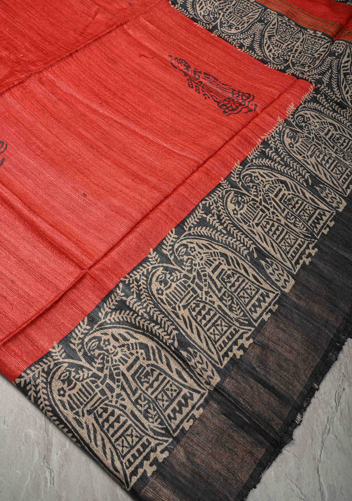 Red Authentic Hand Block Print on Geecha Tussar | SILK MARK CERTIFIED