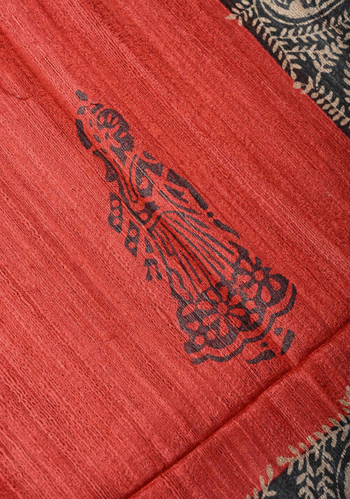 Red Authentic Hand Block Print on Geecha Tussar | SILK MARK CERTIFIED