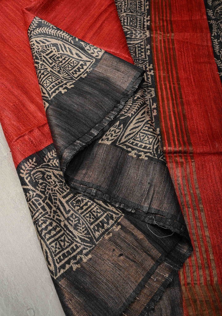 Red Authentic Hand Block Print on Geecha Tussar | SILK MARK CERTIFIED