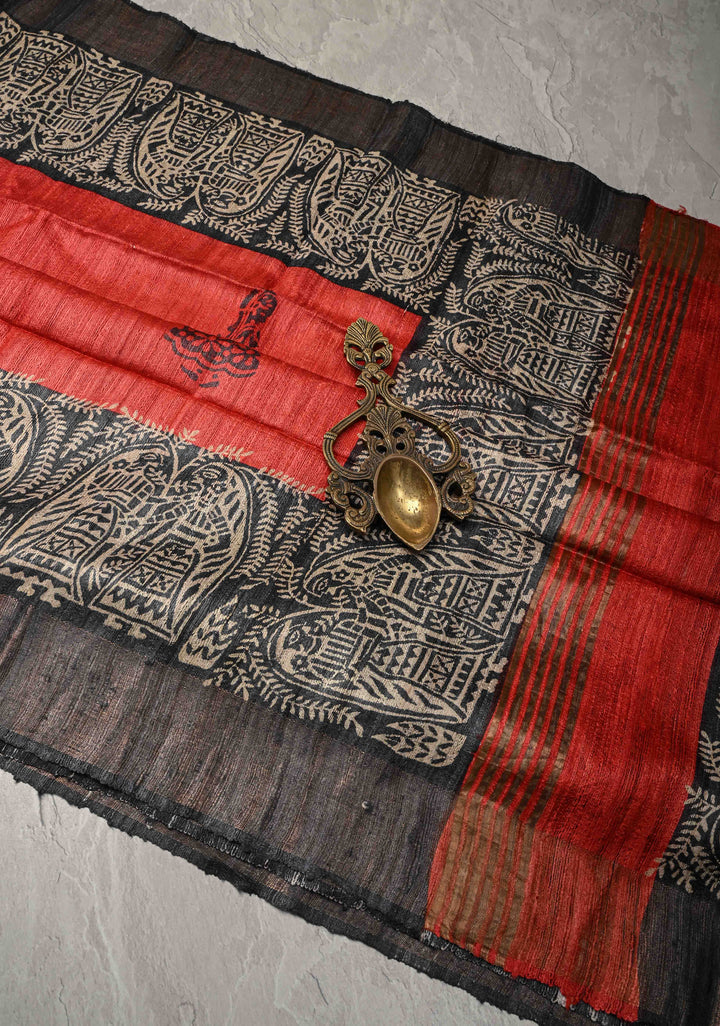 Red Authentic Hand Block Print on Geecha Tussar | SILK MARK CERTIFIED