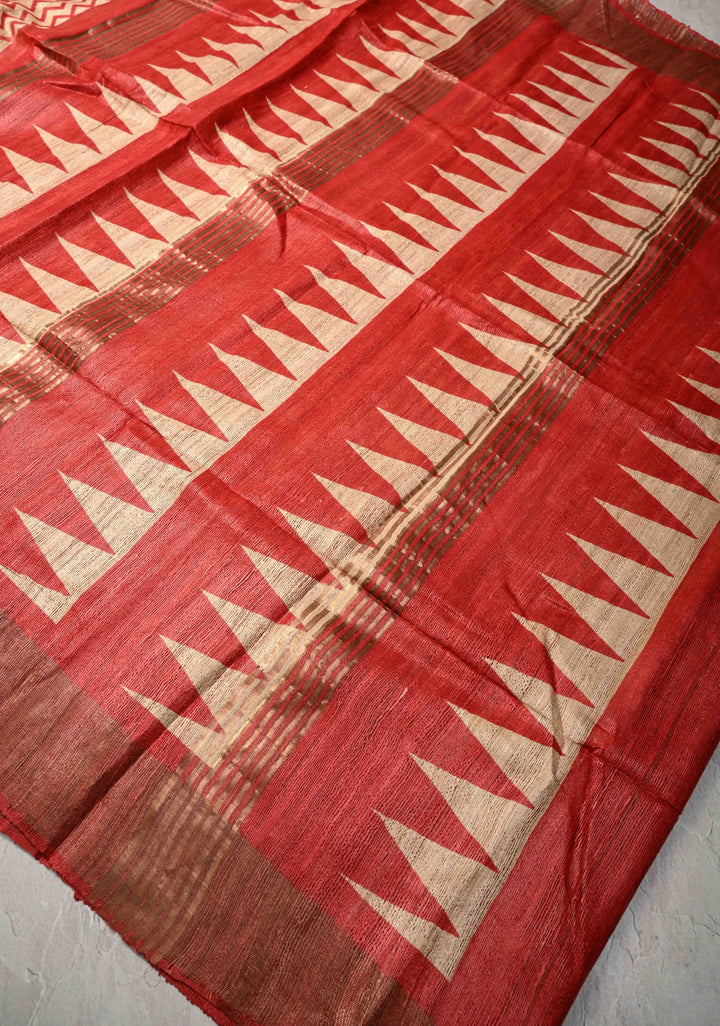 Beige Authentic Hand Block Print on Geecha Tussar silk saree with Zari Border  | SILK MARK CERTIFIED