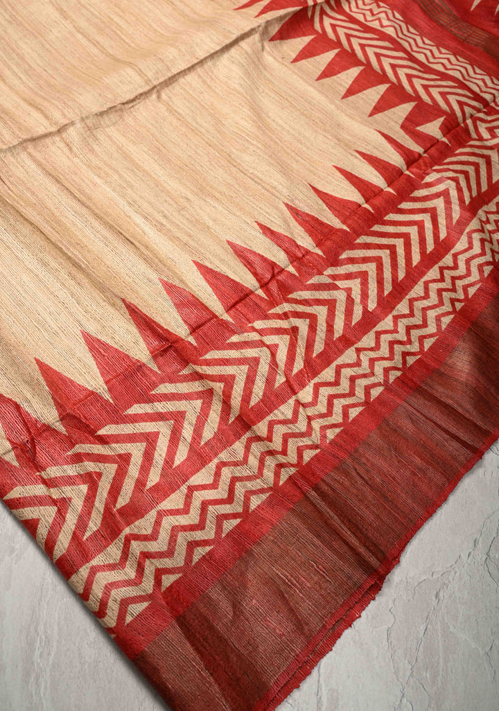 Beige Authentic Hand Block Print on Geecha Tussar silk saree with Zari Border  | SILK MARK CERTIFIED