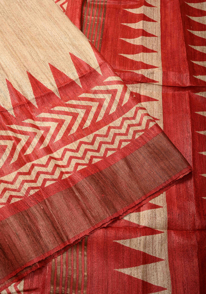 Beige Authentic Hand Block Print on Geecha Tussar silk saree with Zari Border  | SILK MARK CERTIFIED