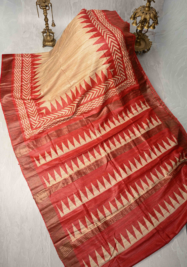 Beige Authentic Hand Block Print on Geecha Tussar silk saree with Zari Border  | SILK MARK CERTIFIED