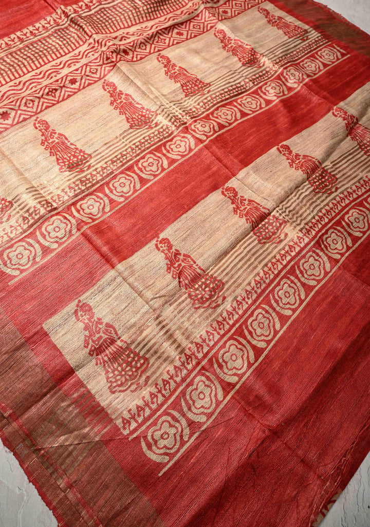 Red Authentic Hand Block Print on Geecha Tussar silk saree with Zari Border  | SILK MARK CERTIFIED