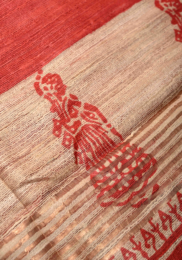 Red Authentic Hand Block Print on Geecha Tussar silk saree with Zari Border  | SILK MARK CERTIFIED