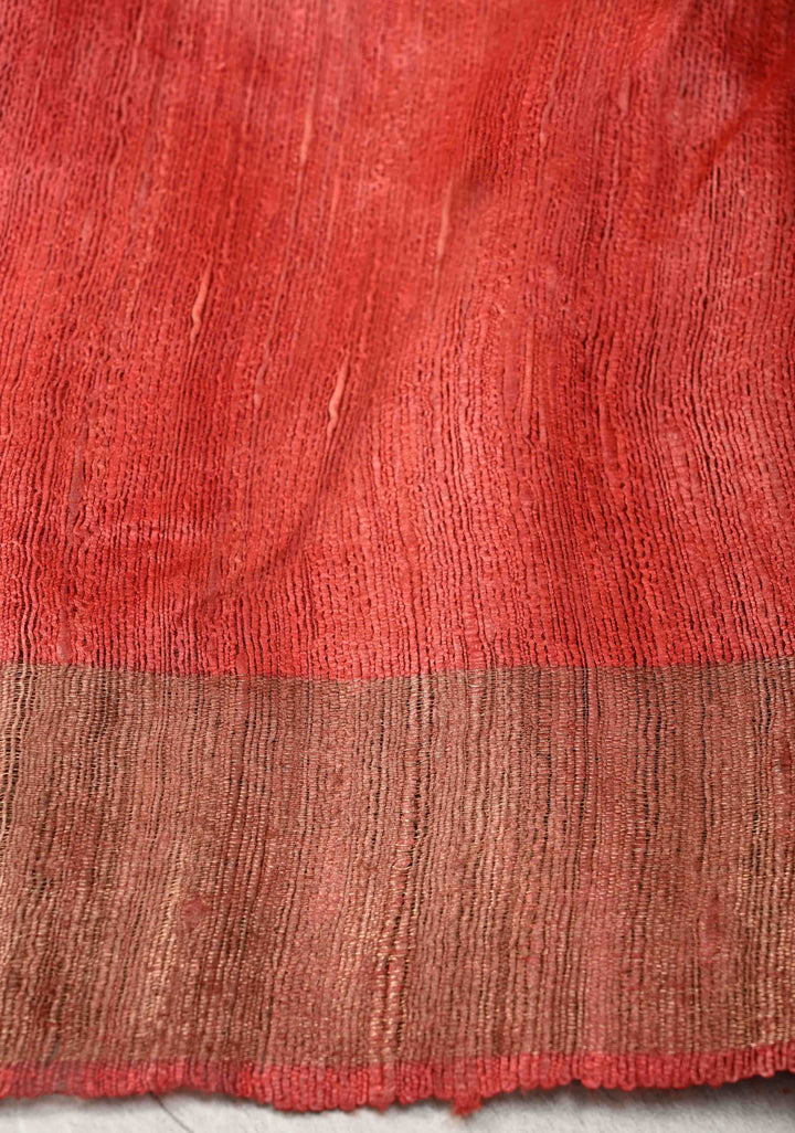 Red Authentic Hand Block Print on Geecha Tussar silk saree with Zari Border  | SILK MARK CERTIFIED
