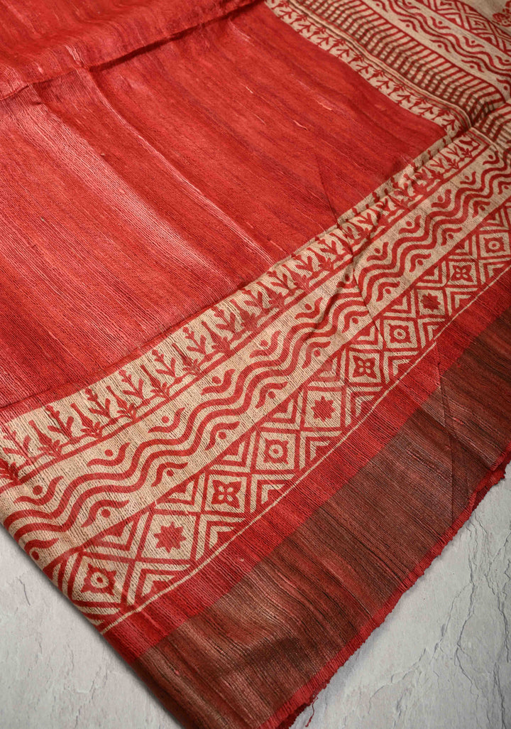 Red Authentic Hand Block Print on Geecha Tussar silk saree with Zari Border  | SILK MARK CERTIFIED