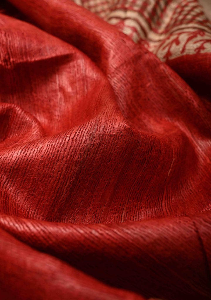 Red Authentic Hand Block Print on Geecha Tussar silk saree with Zari Border  | SILK MARK CERTIFIED