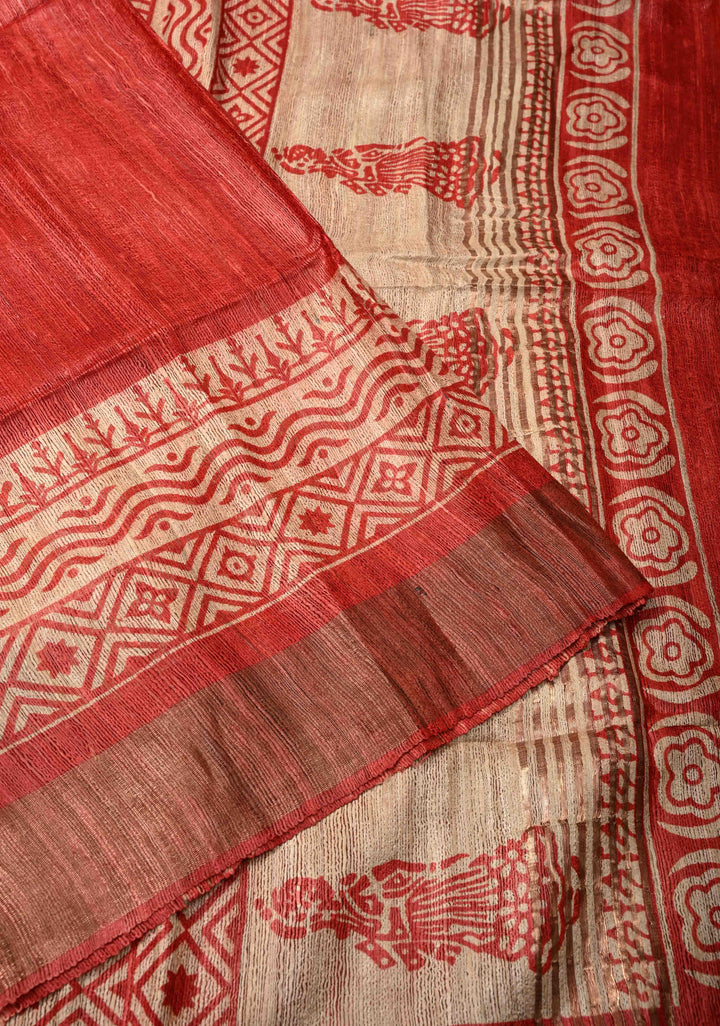 Red Authentic Hand Block Print on Geecha Tussar silk saree with Zari Border  | SILK MARK CERTIFIED