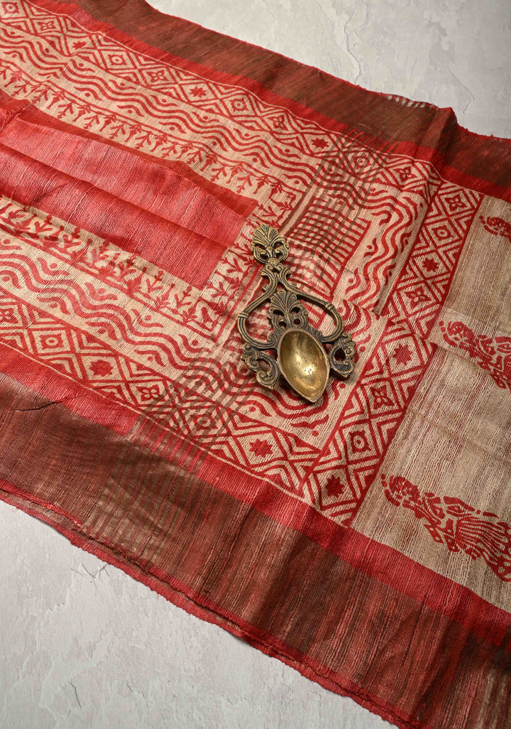 Red Authentic Hand Block Print on Geecha Tussar silk saree with Zari Border  | SILK MARK CERTIFIED