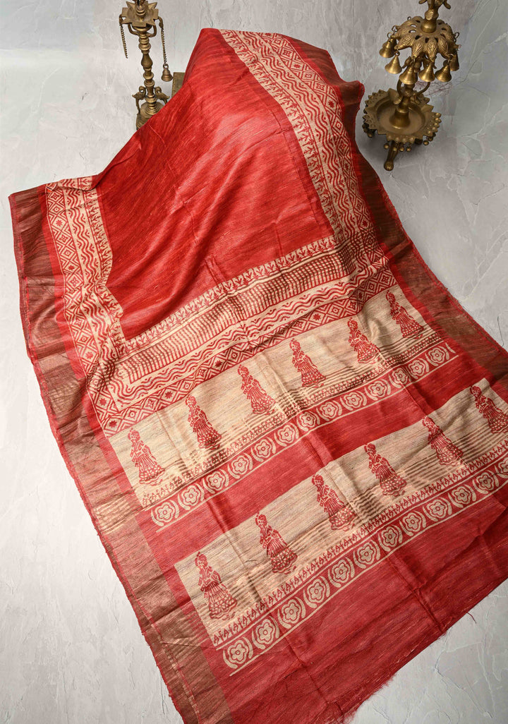 Red Authentic Hand Block Print on Geecha Tussar silk saree with Zari Border  | SILK MARK CERTIFIED