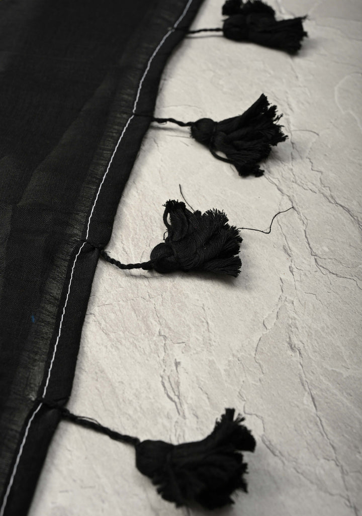 Black Cotton Organza Saree with Tikki Work and Long Tassels.
