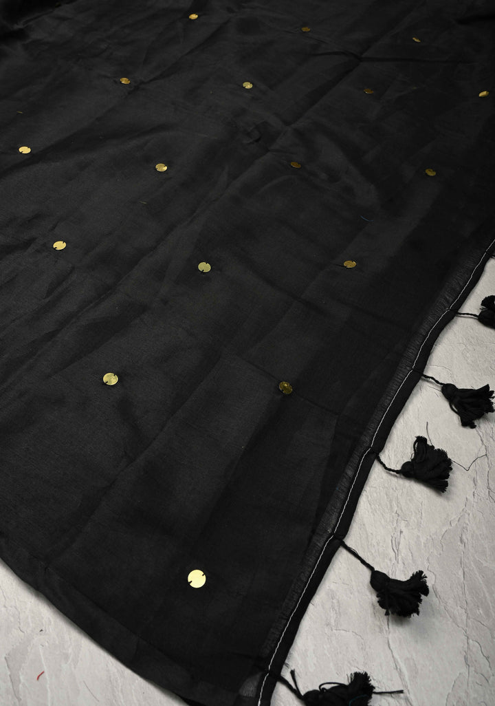 Black Cotton Organza Saree with Tikki Work and Long Tassels.