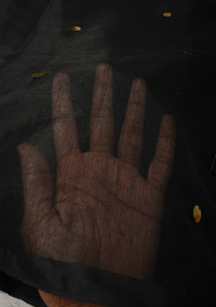 Black Cotton Organza Saree with Tikki Work and Long Tassels.