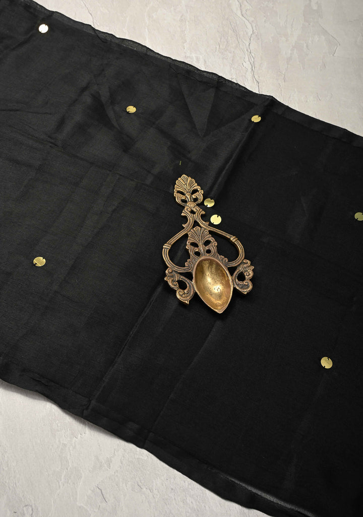 Black Cotton Organza Saree with Tikki Work and Long Tassels.