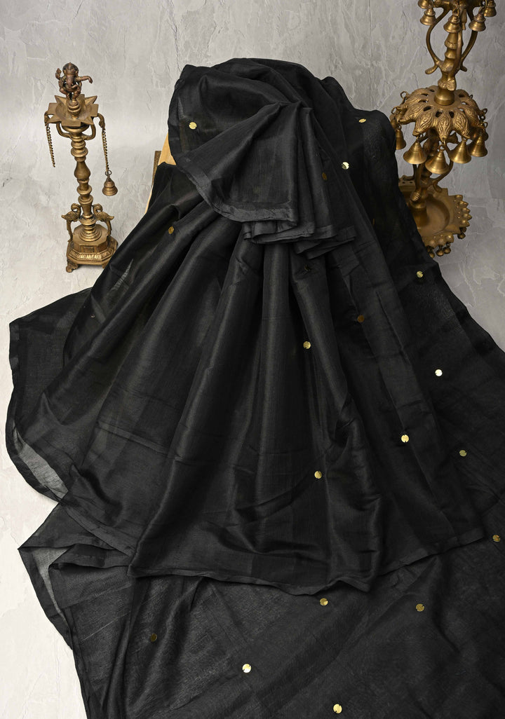 Black Cotton Organza Saree with Tikki Work and Long Tassels.