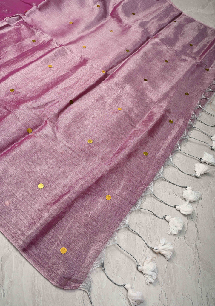 Amethyst Tissue by Tissue Saree with Tikki Work and Long Tassels