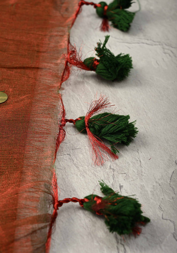 Red and Green Dual Tone Tissue by Tissue Saree with Tikki Work and Long Tassels