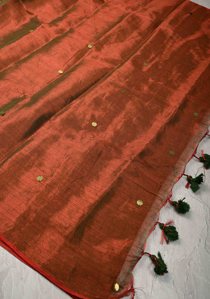 Red and Green Dual Tone Tissue by Tissue Saree with Tikki Work and Long Tassels