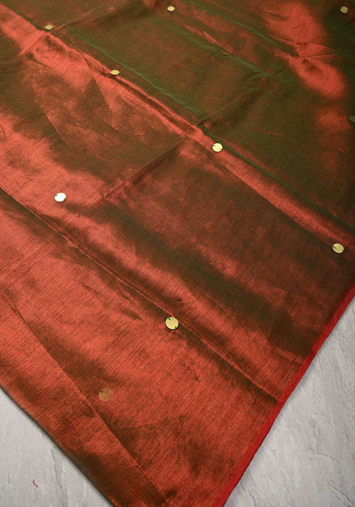 Red and Green Dual Tone Tissue by Tissue Saree with Tikki Work and Long Tassels