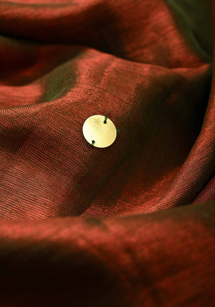 Red and Green Dual Tone Tissue by Tissue Saree with Tikki Work and Long Tassels