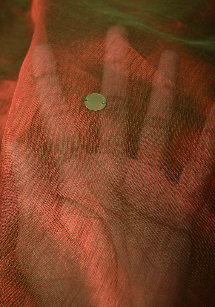 Red and Green Dual Tone Tissue by Tissue Saree with Tikki Work and Long Tassels