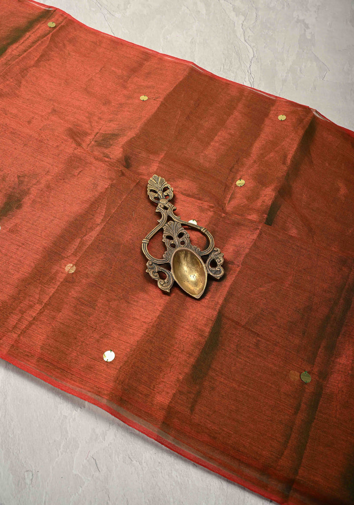 Red and Green Dual Tone Tissue by Tissue Saree with Tikki Work and Long Tassels